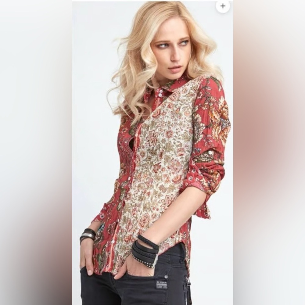 CINO Crinkle Cotton Velvet Stripe Boho Floral Button Down Shirt Blouse